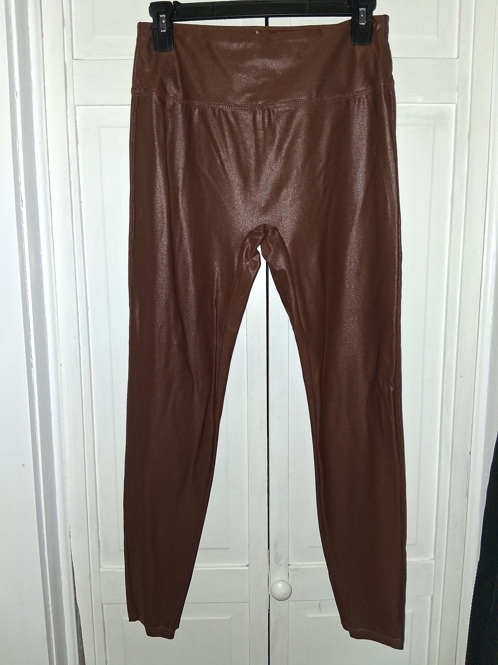 Santiny Brown Faux Leather Ribbed Stretch Leggings